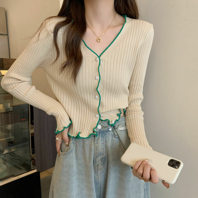 Cardigan à boutonnage simple pour femmes, manches longues, volants, patchwork froncé, col en V, style coréen, t-shirt vintage élégant