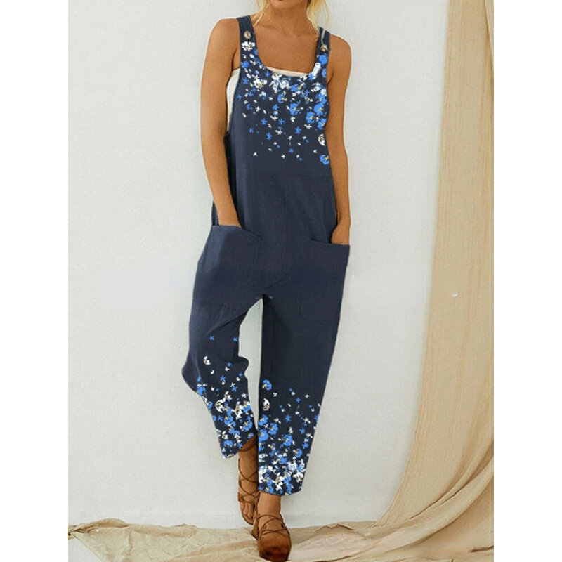 Women's Jumpsuits with Pockets Abstract Floral Print Bib Rompers Loose Trousers Suits Streetwear Vintage Fashion Casual Summer