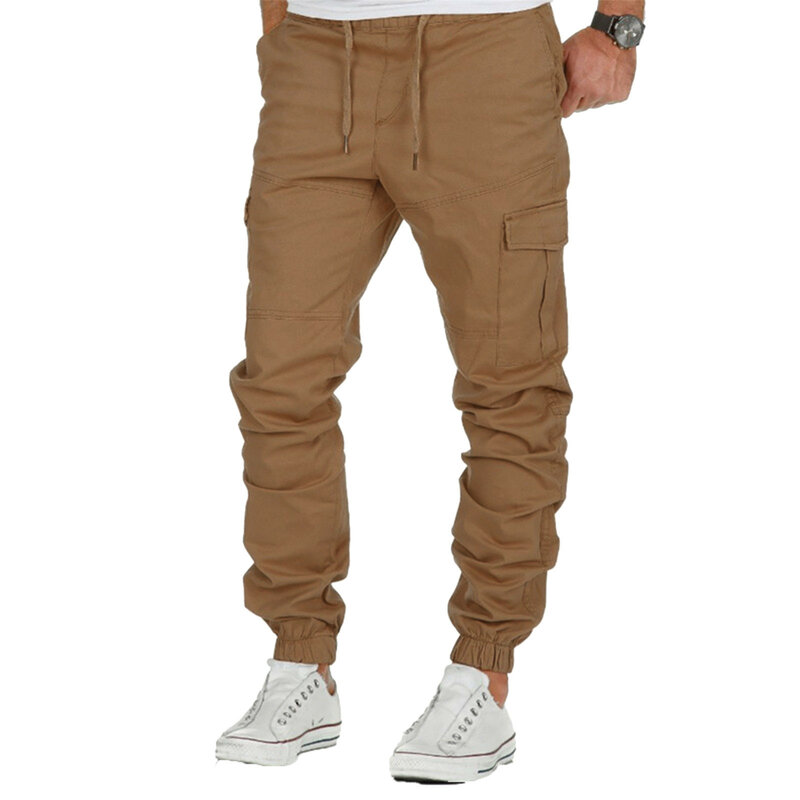 Mens Cargo Pants Solid Color Elastic Waist Drawstrings Trousers Pockets Hip Hop Harajuku Outdoor Sports Hiking Fitness Bottoms