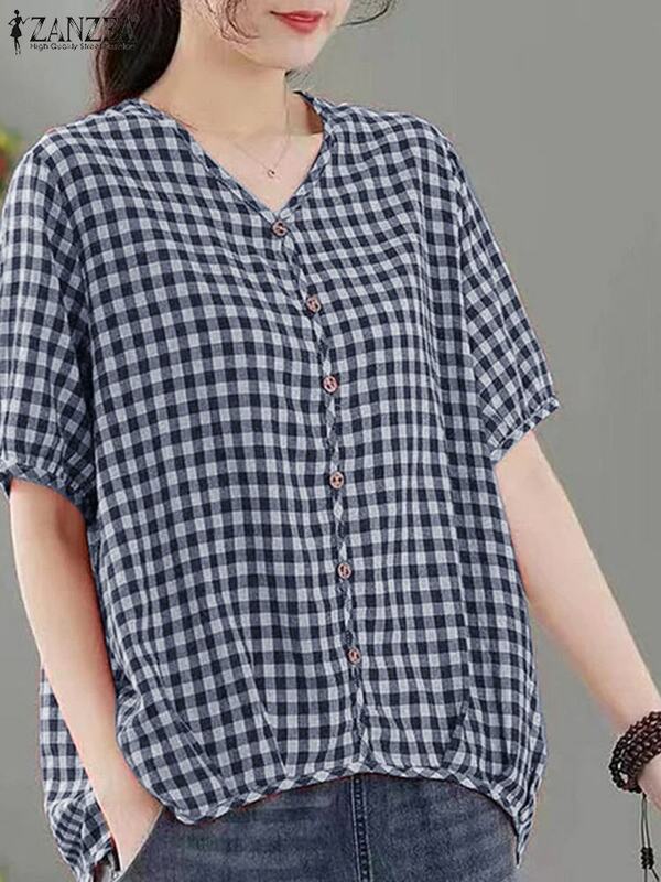 ZANZEA-blusa xadrez feminina, camisa gola V, tops de manga curta, tamanho grande, boêmio, vintage, casual, feriado, verão