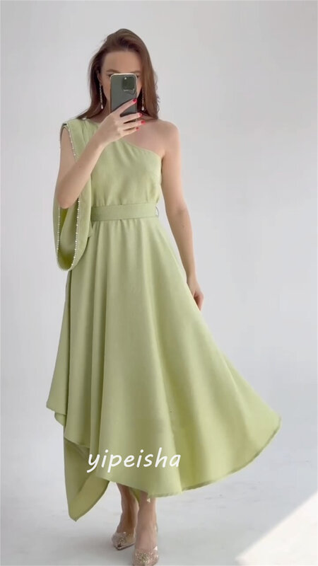 Prom Dress Saudi Arabia Satin Beading Draped Cocktail Party A-line One-shoulder Bespoke Occasion Dresses Ankle-Length