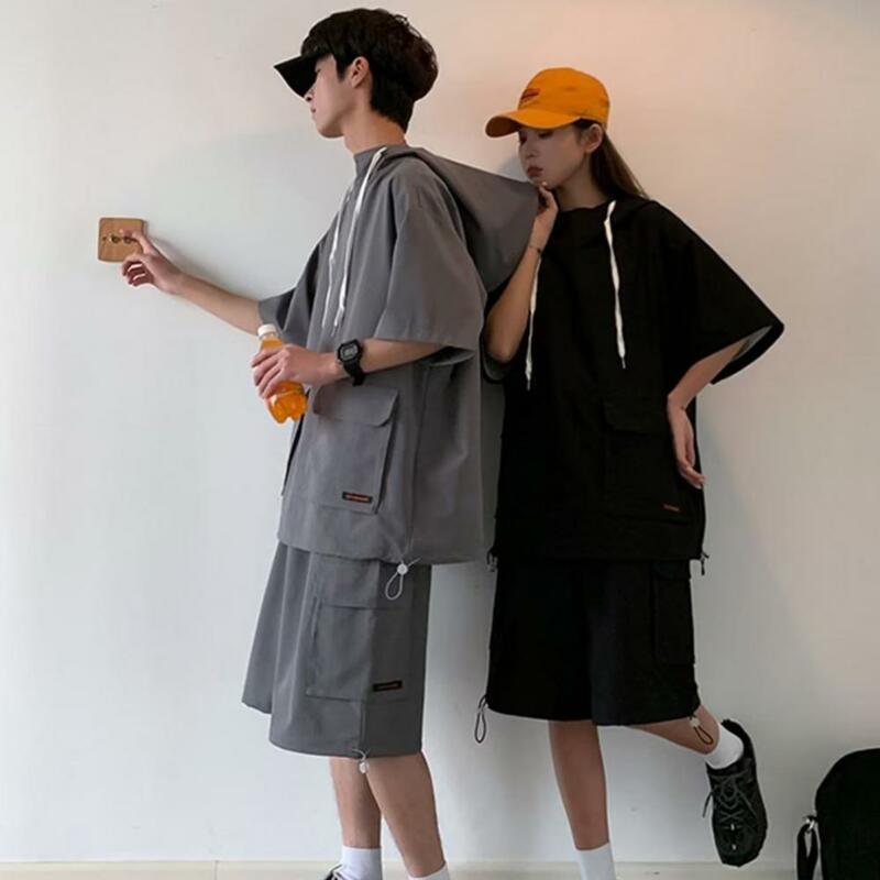 Couple Sports Suit Hooded T-shirt Drawstring Shorts Set for Unisex Solid Color Loose Fit Outfit with Elastic Waist Short Sleeve