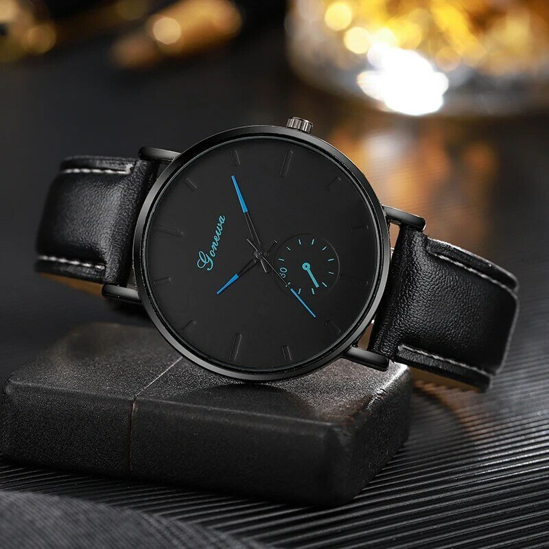 3PCS Set Fashion Simple Mens Watches Men Business Black Beaded Bracelet Necklace Leather Strap Quartz Wrist Watch Reloj Hombre