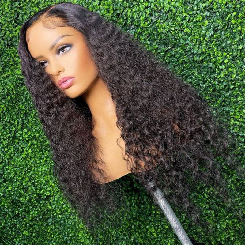 Soft Glueless Natural Black 180 Density Kinky Curly  Lace Front Wig For Women BabyHair 26“Long Heat Resistant Preplucked Daily