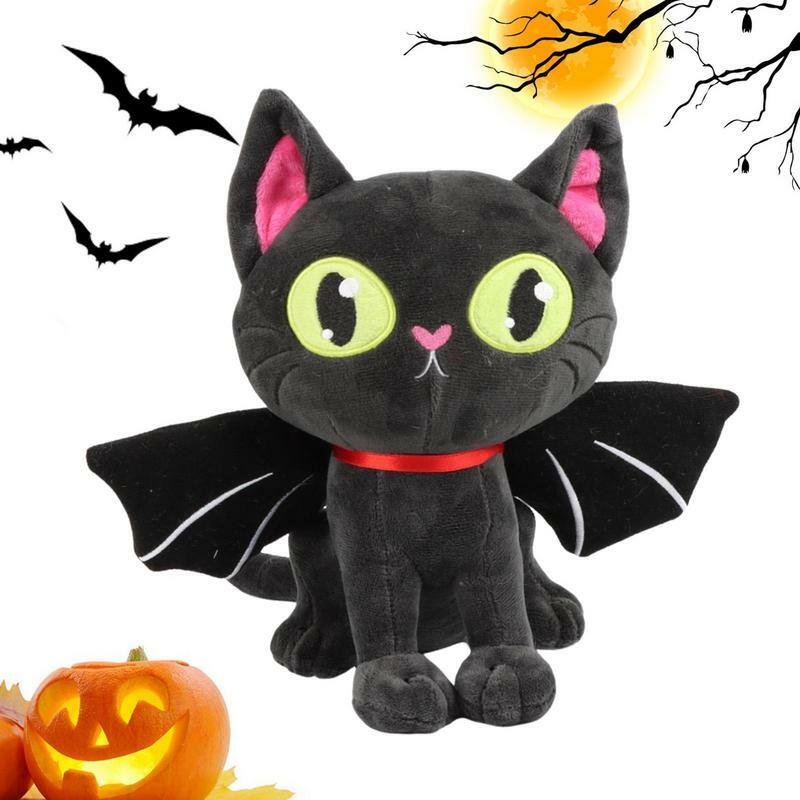 Peluches de gato de Halloween, juguetes de animales de peluche de 11,02 pulgadas, juguete de murciélago negro, almohada de felpa de gato con ala de murciélago, Cumpleaños de Niños