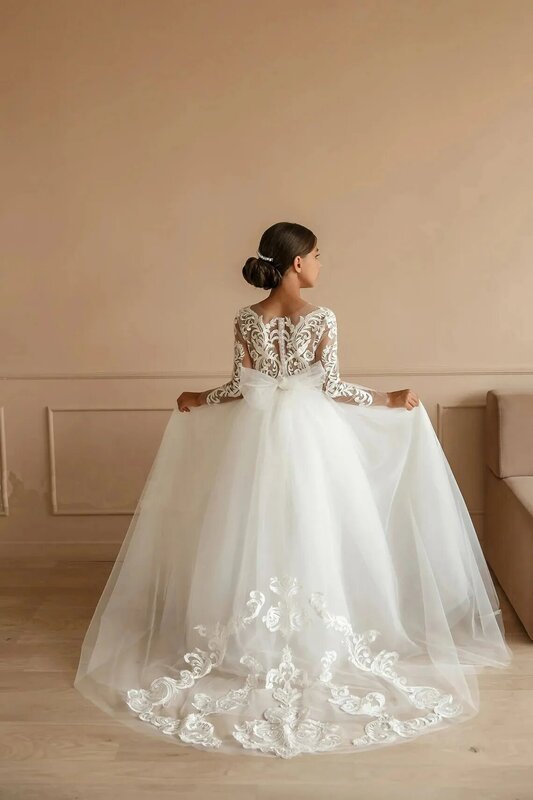 FATAPAESE สีขาวชุดแต่งงานสำหรับยาวเด็กผู้หญิงเสื้อลูกไม้ลายดอก Tulle สายชุดกับโบว์รถไฟ Appqulies งานแต่งงานแม้เด็ก