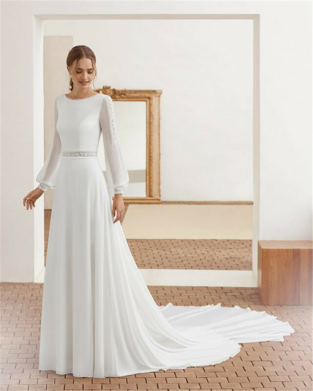 Robe de mariée de forme trapèze, luxueuse robe drapée à manches longues et col rond