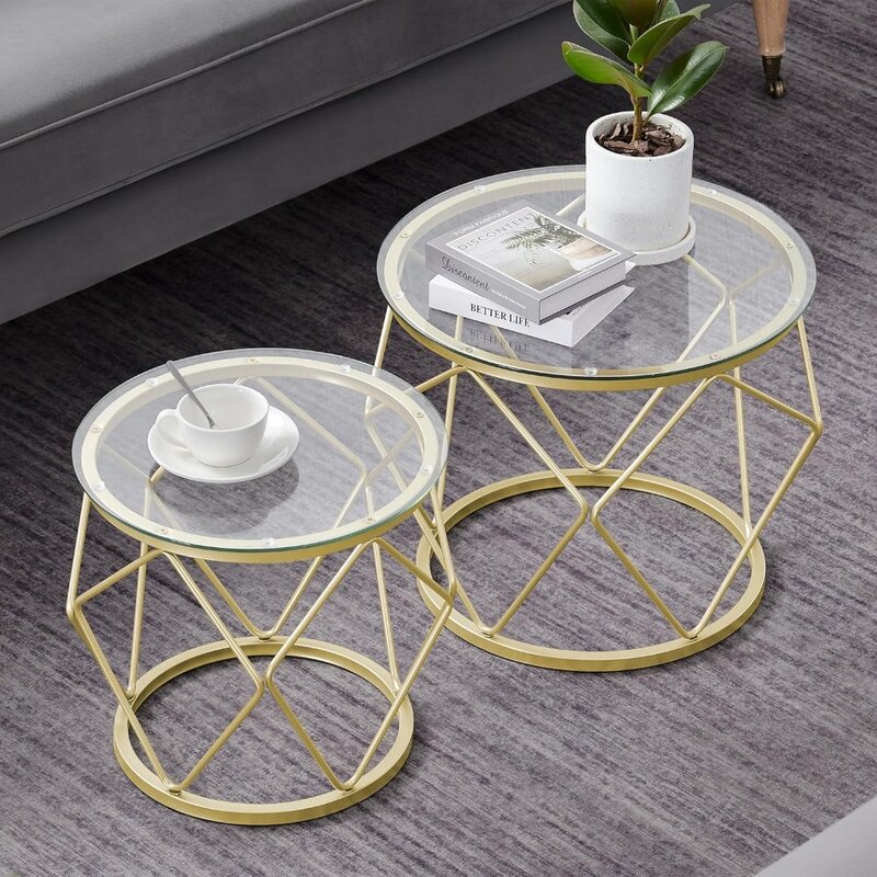 Złoty stolik kawowy, okrągły zestaw stołowy końcowy 2, stolik kawowy z metalową ramą i hartowanym szklanym wieczkiem, nowoczesny akcent stolik