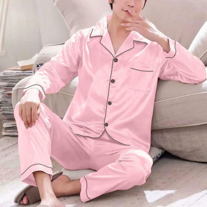 Conjunto de pijama solto masculino, roupa de manga comprida, gola virada para baixo, botões, calça, loungewear, roupa de casa, 2 peças
