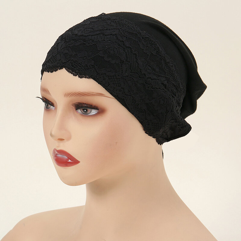 Hijab interno de algodón de encaje para Mujer, gorro de Jersey elástico musulmán, bufanda interior islámica, gorro de Modal, pañuelo para la cabeza, Turbante para Mujer