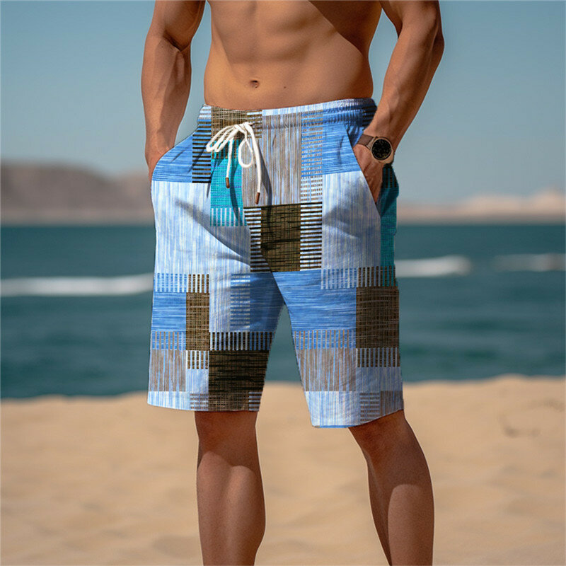 Calção de suor de Terry masculino, cordão, cintura elástica, impressão gráfica 3D, padrão geométrico, respirável, macio curto D