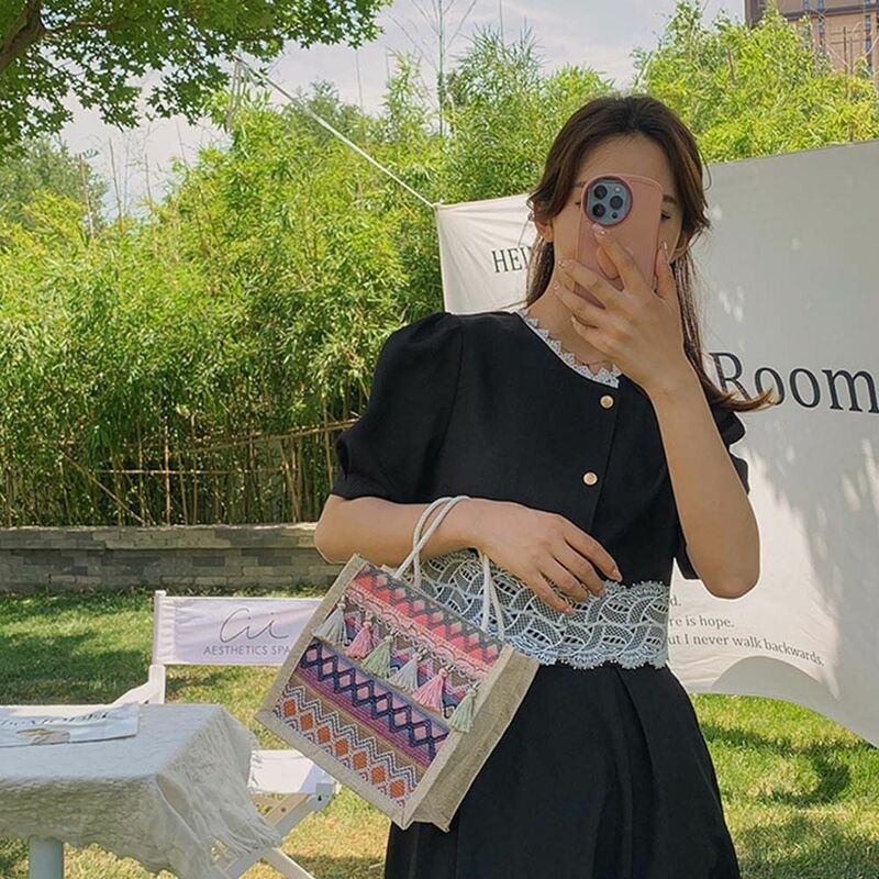 Bolsa de linho estilo coreano para mulheres, geométrica, grande capacidade, boêmia, franja, bolsa, ao ar livre