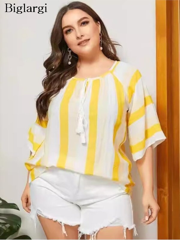 Plus Size Striped Print Pullover Summer Fringe Tops Women Casual Fashion Loose Pleated Ladies Blouses Short Sleeve Woman Tops