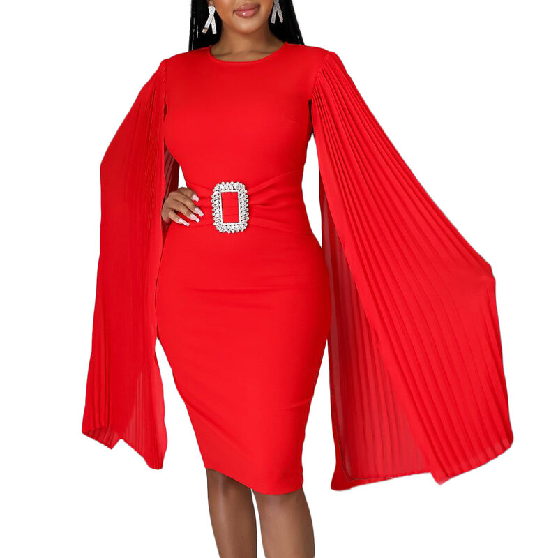 Jesienne afrykańskie sukienki damskie eleganckie afrykańskie z długim rękawem z okrągłym dekoltem poliester czerwony zielony niebieski czarny S-3XL do kolan