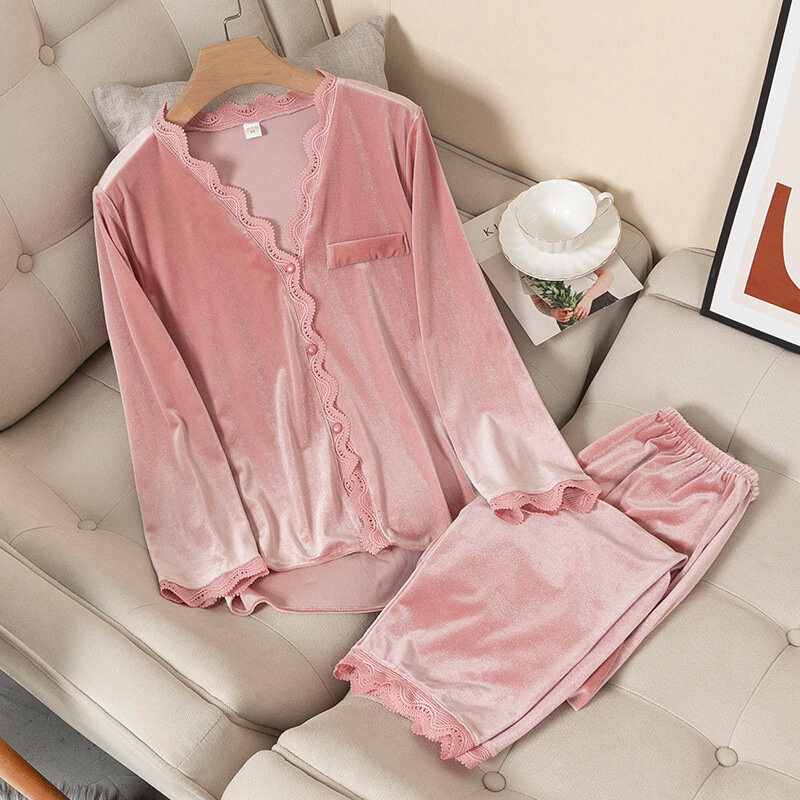 Velevt-Conjunto de pijama de 2 piezas para mujer, ropa de dormir Sexy con cuello en V, ropa de dormir holgada para el hogar, Otoño e Invierno