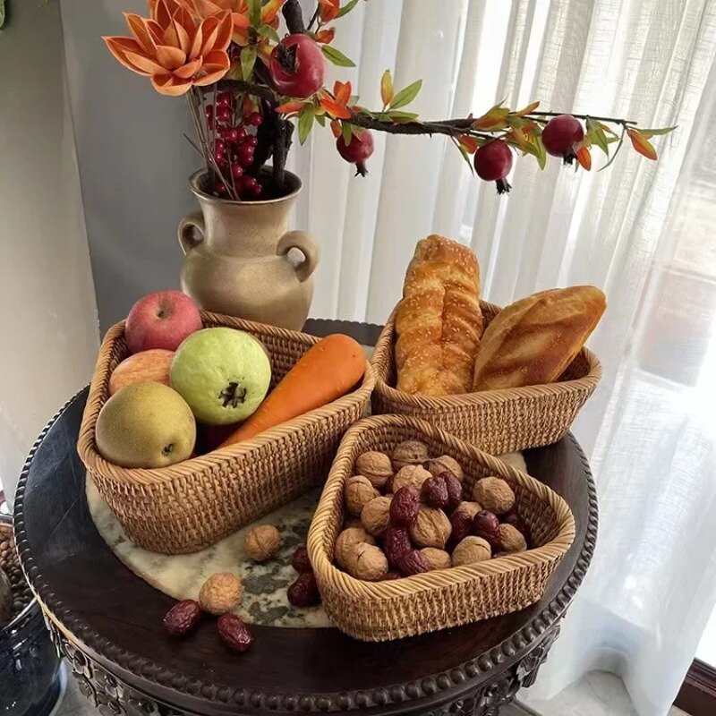 Handwoven Rectangular Rattan Wicker Basket Fruit Tea Snack Bread Picnic Cosmetic Storage Box Kitchen Supplies Household Tools