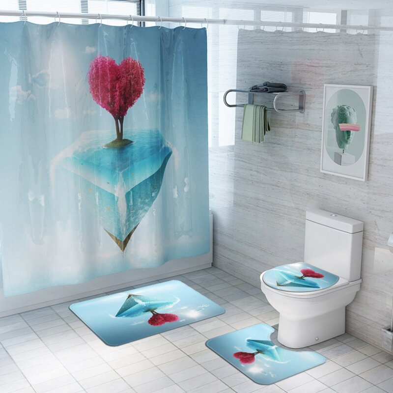 Bathroom Shower Curtain Set Waterproof Bath Curtain Toilet Cover Mat Non-Slip Bathroom Rug