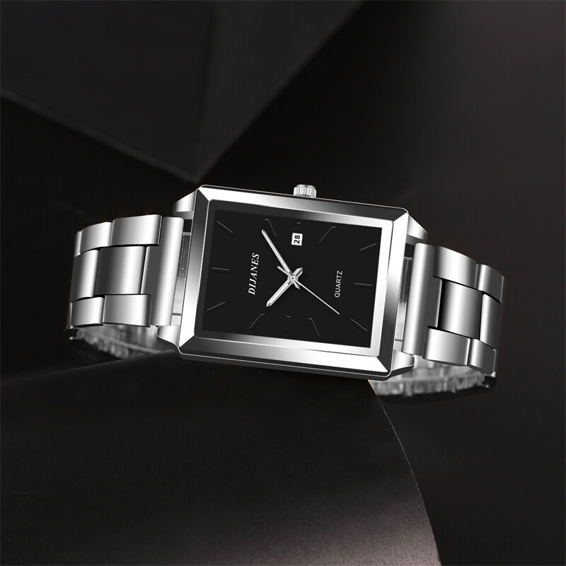 Relojes de moda para hombre, acero inoxidable rectangular de cuarzo de reloj de pulsera, luminoso, informal, de cuero, masculino
