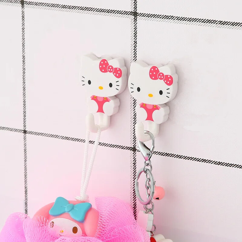 2Pcs Set Hello Kitty Sanrio Strong Self Adhesive Hooks Key Storage Hanger for Kitchen Bathroom Door Wall Multi-Function