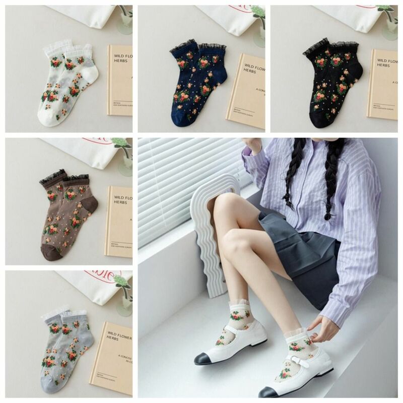Crystal Silk Socks Women Summer Ultra-thin Transparent Low Cut Ankle Socks Floral Embroidery JK Lolita Kawaii Lace Ruffle Socks