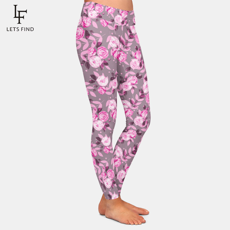 LETSFIND Fashion Beautiful Rose Digital Printing Workout Leggings High Waist Women Soft Elastic Slim Leggings