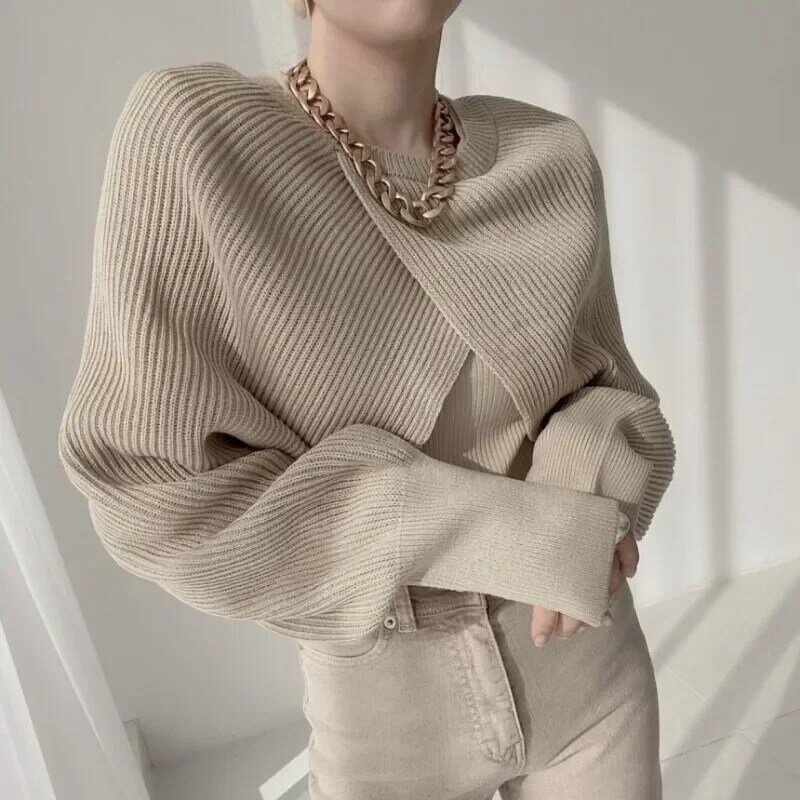 Winter Loose Crop Sweater Women Casual V-neck Office Lady Sweaters Autumn Women Korean Chic Long Sleeve Knitted Pullovers 29612