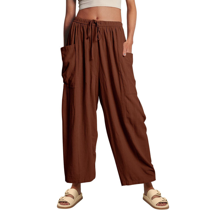 Women's Elastic Waist Pleated High Waist Wide Leg Pants Loose Casual Cotton and Linen Trousers