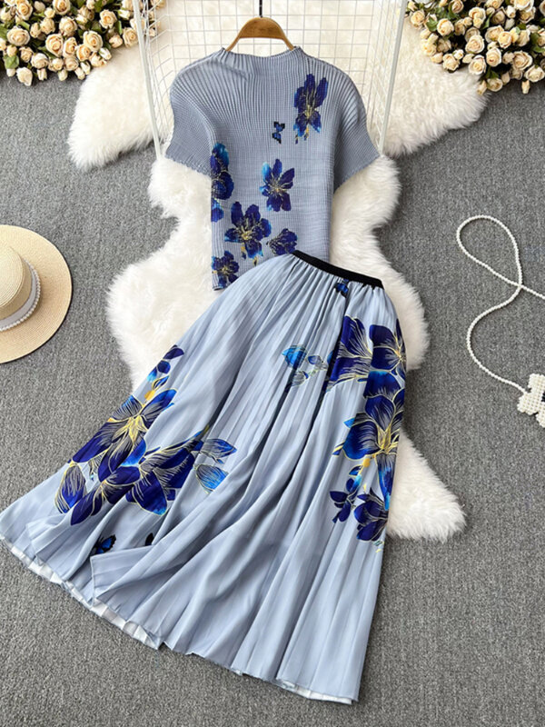 Conjunto de dos piezas para mujer, traje de falda de flores de moda de verano, Top de punto elástico de colores y falda estampada con flores de cintura alta