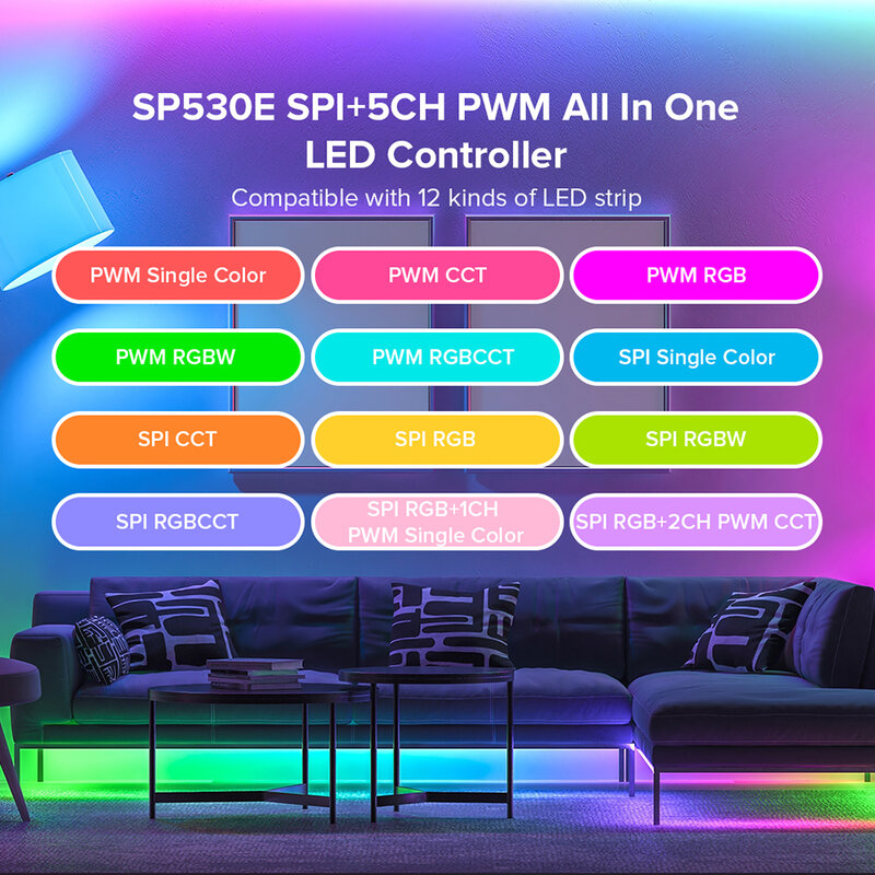 Fita de LED com controlador Wi-Fi, tudo em um, Alexa, Google Home, BT, 5CH, PWM, SPI, Pixels, WS2811, WS2812B, SK6812, FCOB, 5V-24V, SP530E