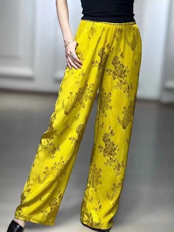 Hochwertige Frühjahr und Sommer neue Frauen modische bonbon farbene elastische Taille Rayon Jacquard Straight Leg Hosen S-XL