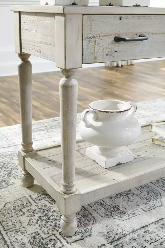 Table console de canapé en bois massif enrichi, blanchi, Ashley Shawnalore Farmhouse, design