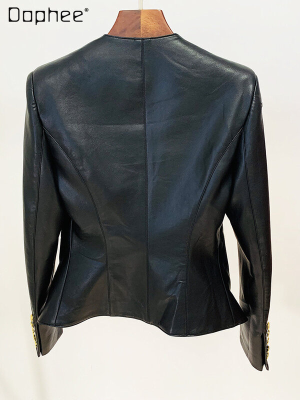 Новинка Осень-зима 2023, Модная элегантная кожаная куртка, женский двубортный приталенный кожаный блейзер с металлическим воротником