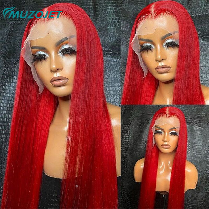 Peluca de cabello humano liso de 13x4 para mujer, postizo de encaje Frontal transparente, color rojo, brasileño, Remy