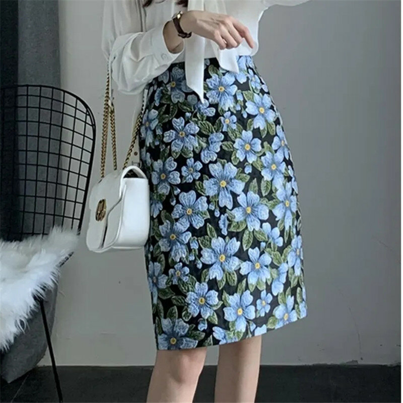 Azul grande flor do vintage saias das mulheres 2023 primavera e verão nova cintura alta fenda a-line saia feminina em linha reta saco hip saia jupe