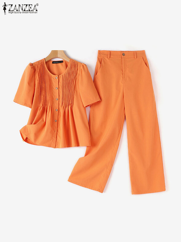 Комплект брюк ZANZEA женский летний из 2 предметов, элегантная плиссированная блузка с коротким рукавом, модные деловые костюмы с однотонными брюками