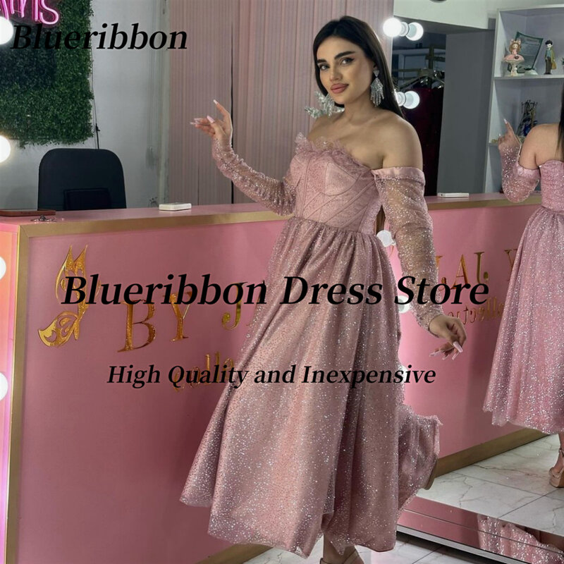 Blueribbon Shinny Prom Dresses 2024 Sweetheart Long Sleeves Homecoming Party Dress Lace Up Back Evening Gowns Lace Up Back