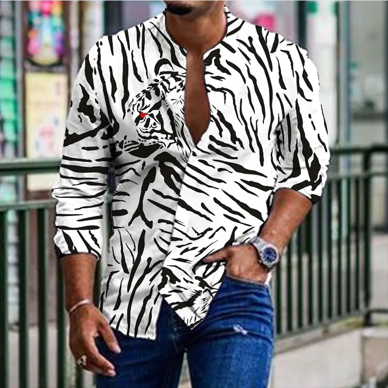 Модная роскошная мужская рубашка с принтом зебры, футболка с длинными рукавами и 3D-принтом леопарда, с лацканами, футболка большого размера