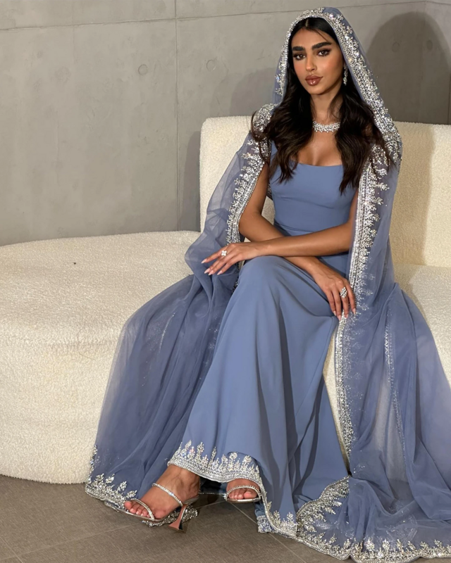 Oisslec-vestido de noche de lujo para mujer, traje de sirena azul de Dubái con mangas de capa, verde salvia, elegante, árabe, fiesta de boda, GownsSS445