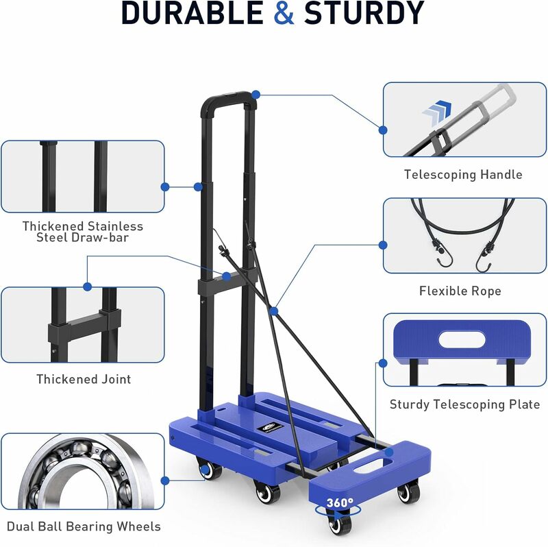 Truk tangan lipat spasi, troli bagasi kapasitas 500 LB, Dolly lipat portabel dengan 6 roda dan 2 tali elastis untuk koper