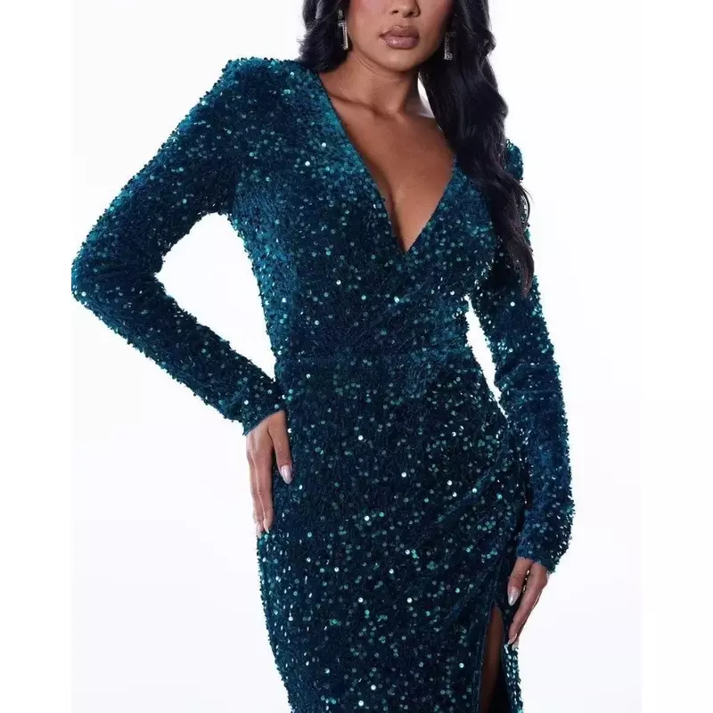 Wakuta Sparkly Sequin Long Sleeve Prom Dress Sexy V Neck Formal Evening Party Gowns платье для мамы жениха robe soirée