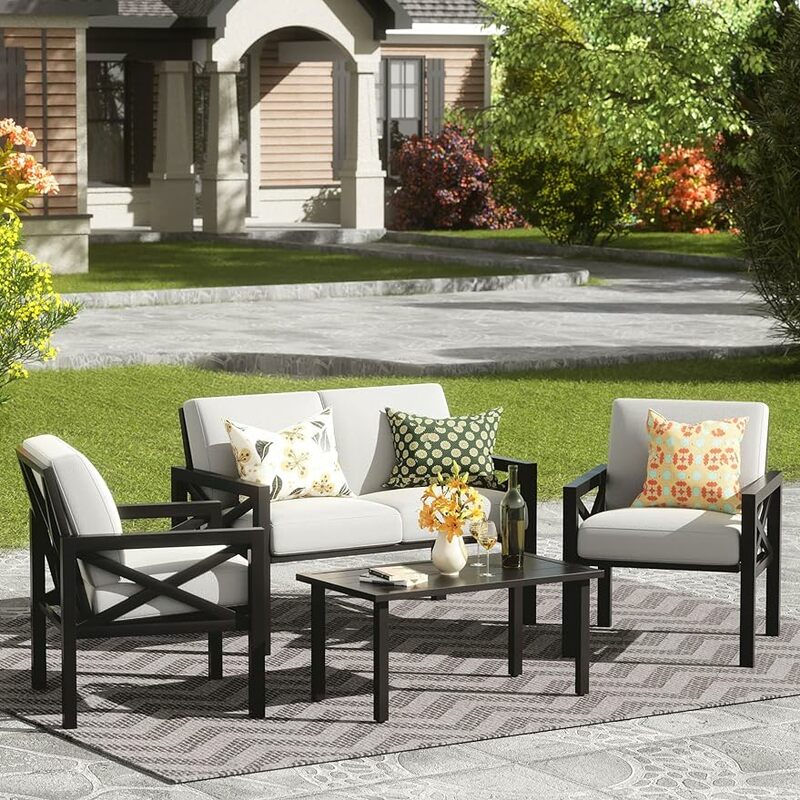 Outdoor Patio Furniture 4 Pieces Set, Modern Patio Conversation Sets, Outdoor Sectional Metal Sofa with 5.5 Inch Cushion
