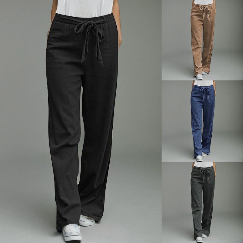 Ladies Casual Cotton Linen Pants Summer Solid Color Loose Elastic Waist Trousers Polyester Lace Up Wide Leg Straight Pants 2024
