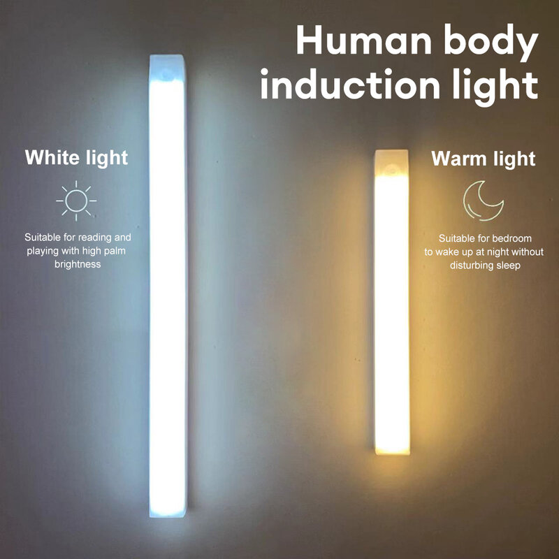 Barra de luz LED sensor de movimento recarregável, Luz noturna magnética montada, Luz branca quente para armário, 20 30 50cm