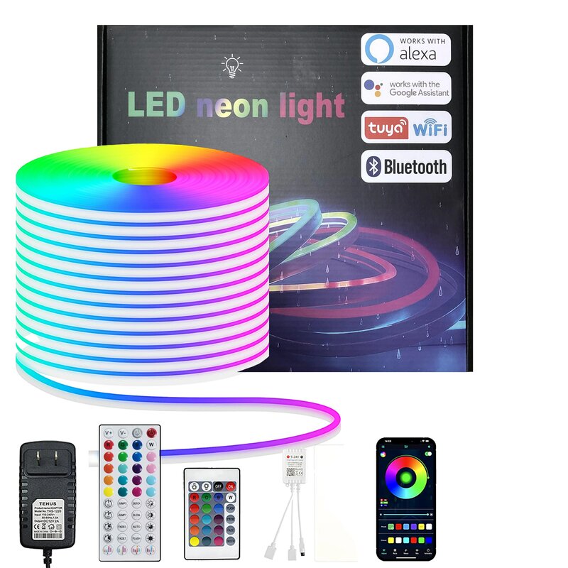 Siliconen Led Neon Lichtstrip Met Tuya Wifi App Control 6X15 24v2a Led Strip Lichtstrip Compatibel Met Google Control