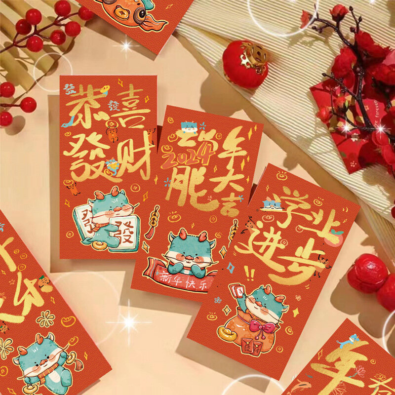 6 buah amplop merah Cina HongBao, tas pembungkus Hadiah kantong uang keberuntungan untuk dekorasi Festival Musim Semi 2024 Tahun Baru