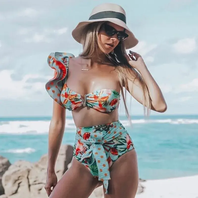 2024 zweiteilige Frauen Blumen Push-up gepolsterte BH Rüschen Bandage Bikini Set Badeanzug Bade bekleidung Badeanzug Beach wear Biquini