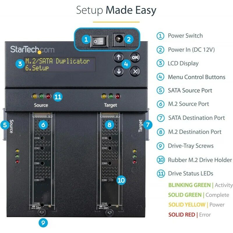 StarTech.com Standalone dual Bay M.2 SATA/NVMe duplikator/penghapus, HDD/SSD claner/wiper untuk M.2 PCIe AHCI/NVMe, M.2 Sata, 2.5/3.5