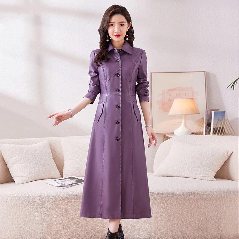 New Women Long Leather Coat Autumn Winter Fashion Turn-down Collar Single Breasted Casual Trench Coat Split Leather Overcoat