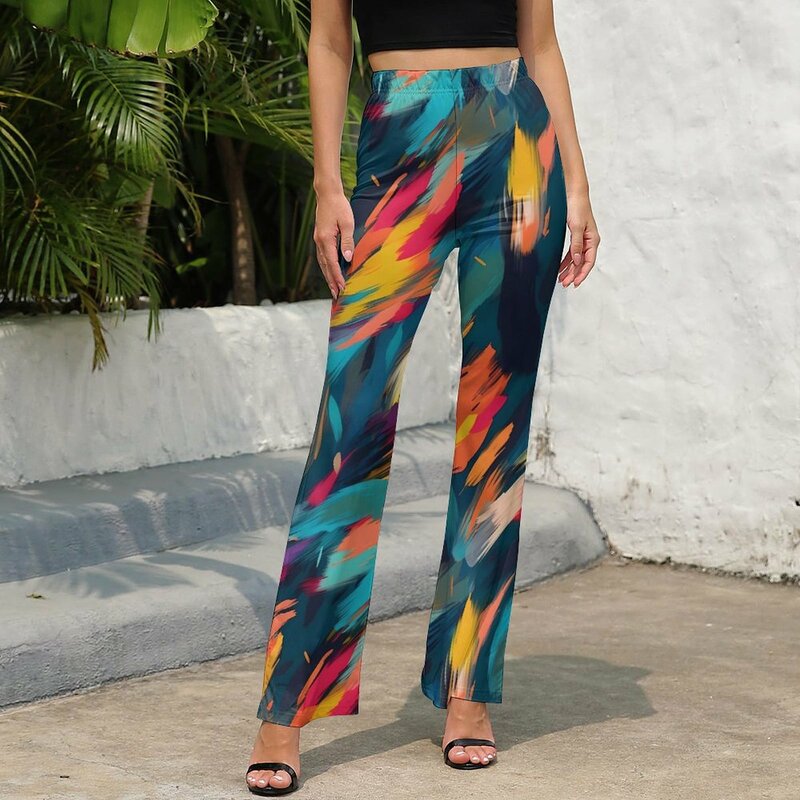 Colorful Brush Print Pants Abstract Art Sexy Workout Flare Trousers Spring Female Printed Street Wear Slim Pants