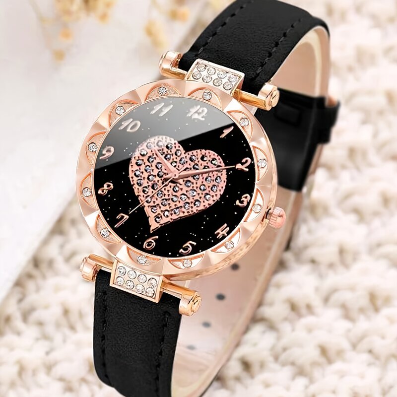 2pcs/set Luxury Heart Rhinestone Quartz Watch PU Leather Wrist Watch & Butterfly Bracelet, Valentine's Day Gifts For Women Her